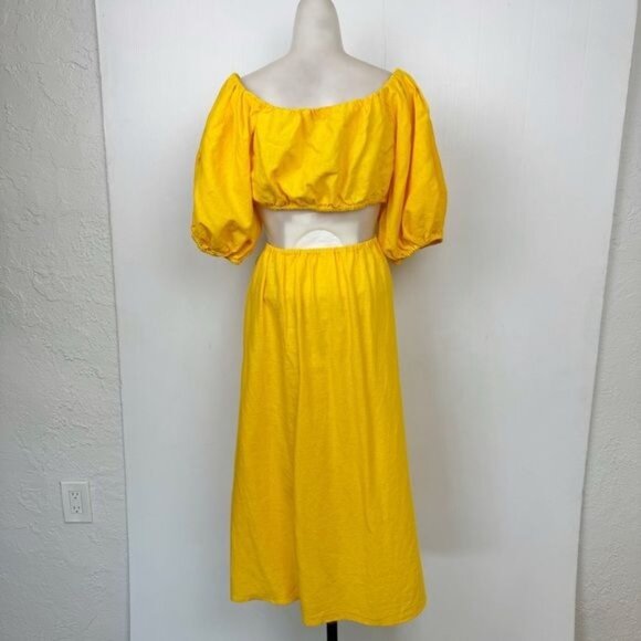 FARM RIO OFF THE SHOULDER KNOTTED CUTOUT MARIGOLD YELLOW MIDI DRESS MEDIUM - Picture 6 of 14
